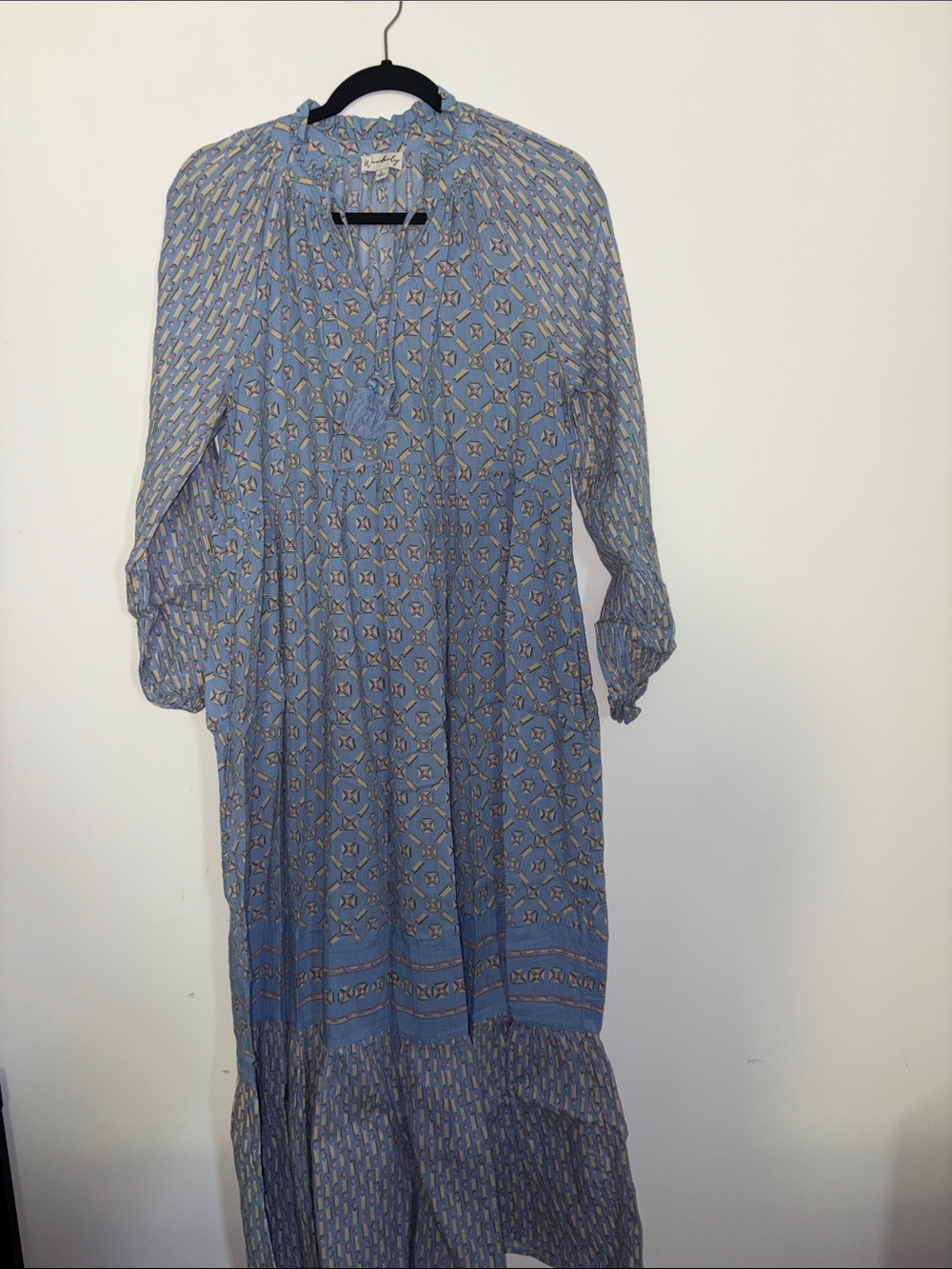 Wonderly Light Blue Printed Maxi Dress with Tassel Tie